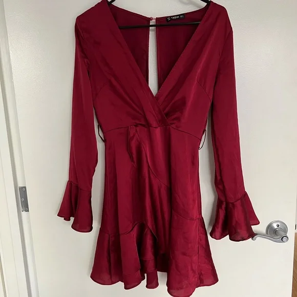 shein satin dress long sleeve SHEIN Belle Lantern Sleeve Wrap Satin Dress Elegant Long Sleeve Formal Evening Prom Wedding Guest Gown, For Graduation, Dinner Party Dress